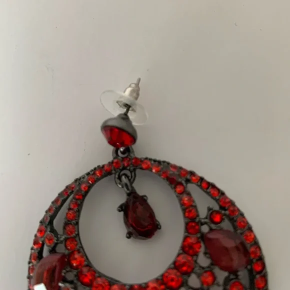 Vintage Red Jeweled Hoop Earrings Drop Rhinestones Stud Top Pierced Ears - Picture 9 of 15